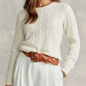 Ralph Lauren Black Label Slim Fit Cable Knit Ivory Cashmere Sweater Size Large